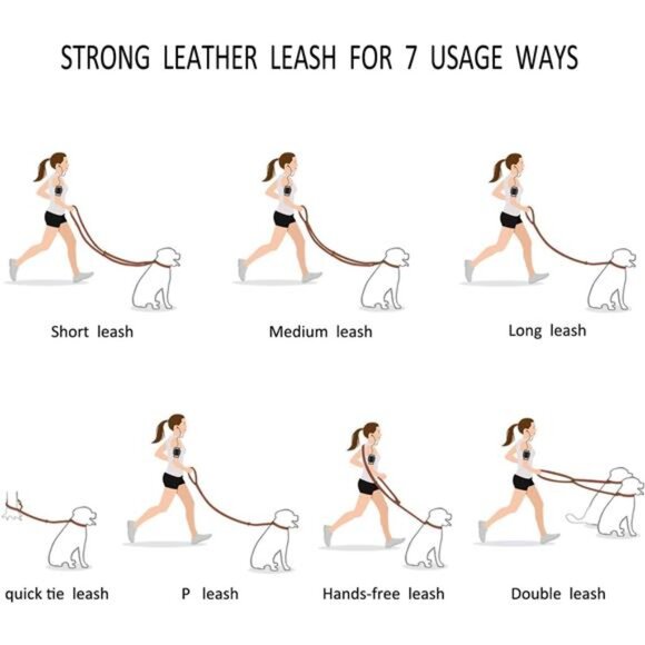 Multi Function 8ft Leather Dog Leash, Genuine Leather Hands Free Leash - Picture 2 of 7